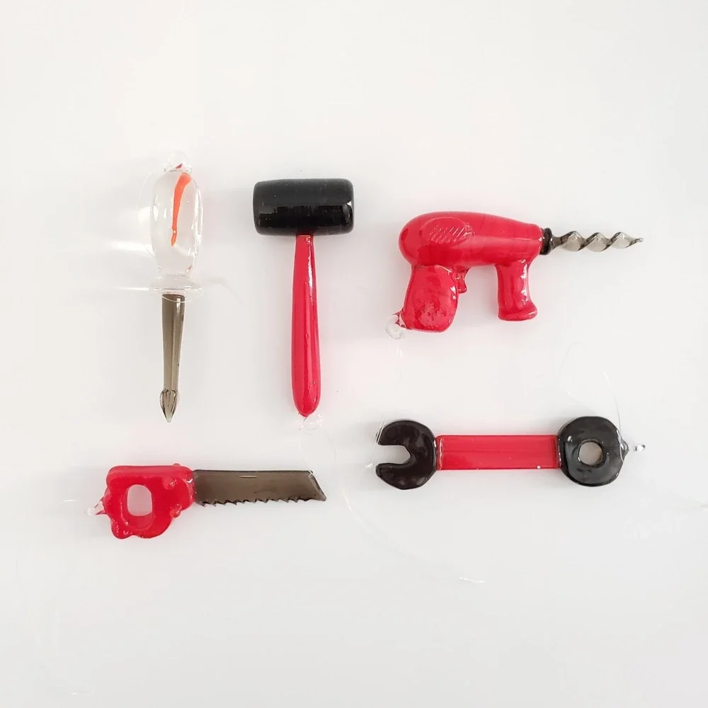 Vtg Miniature Lot Of Glass Tool Ornaments Drill Wrench Saw Hammer Screwdriver